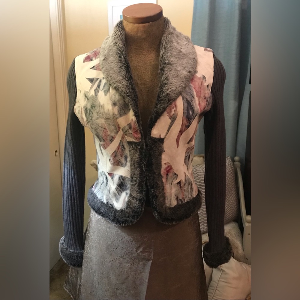 Phosphorus Leather Jacket with Knit Sleeve and Faux Fur Trim